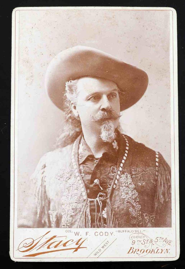 W F CODY BUFFALO BILL AUTOGRAPH CABINET CARD: Cabinet card featuring W.F. Cody "Buffalo Bill." Facsimile signed on reverse "Yours Truly W.F. Cody." Card measures 6.5" X 4.25" in total.