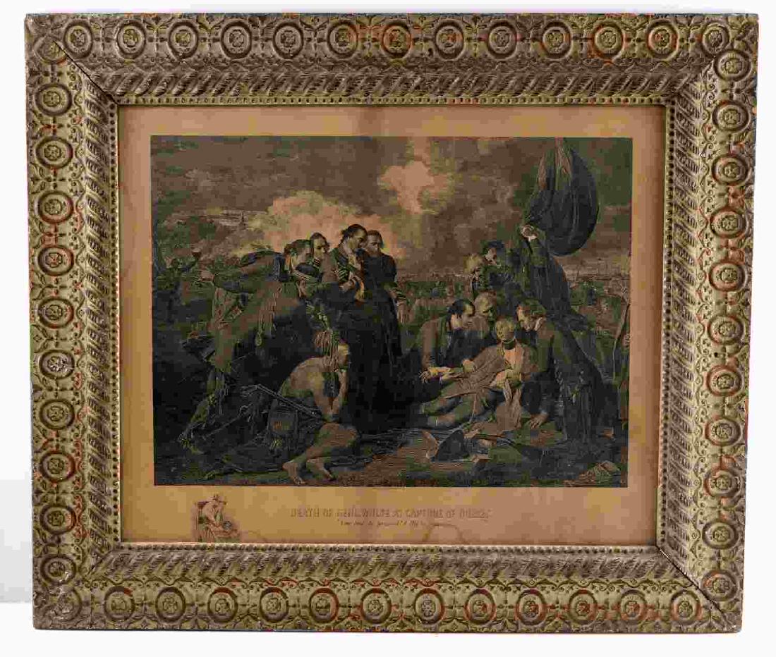 DEATH OF GENERAL WOLFE AT QUEBEC ENGRAVING: Print titled "Death of Gen'l Wolfe at Capture of Quebec " with quote "Now God be praised! I die in peace." Written below. After Benjamin West. Measures 21.5 inches by 17.5 inches sight and 28.5 inches