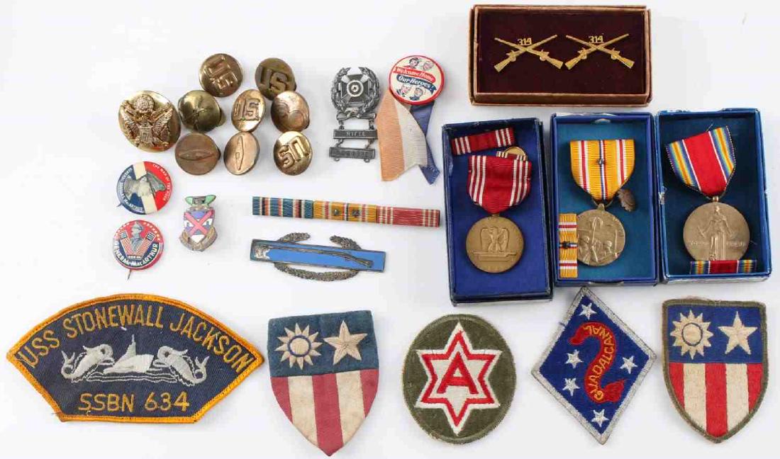 LARGE WWII US ARMY BADGE PATCH AND MEDAL LOT: This lot features a good variety of WWII era (with a few post-war pieces) badges, medals, and patches including 1 Asiatic Pacific medal, 1 Good conduct medal, WWII victory medal, 2 India Burma campaig