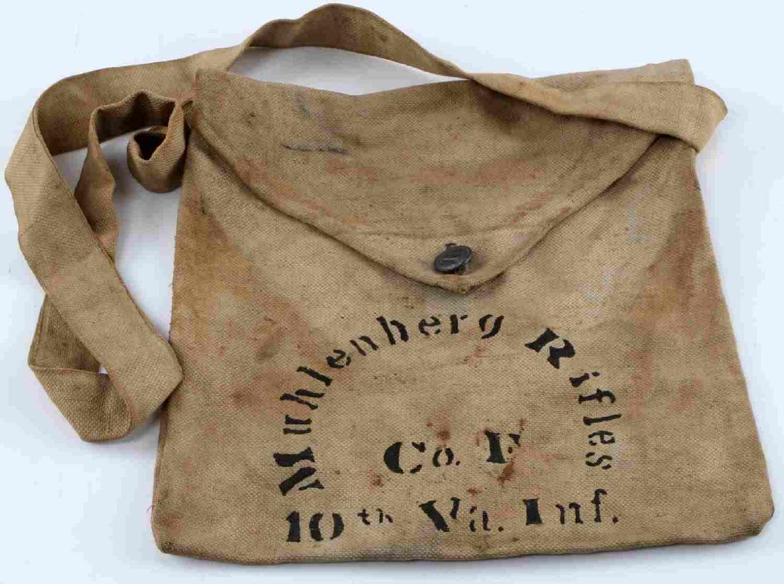 AMERICAN CIVIL WAR CANVAS POUCH 10TH VA INFANTRY: Canvas bag with "Muhlenberg Rifles, Co. F, 10th VA Infantry" stenciled in black ink. Closing button for the flap appears made of tin and has an "I" on it. Bag measures 11x12 inches. In very good condi