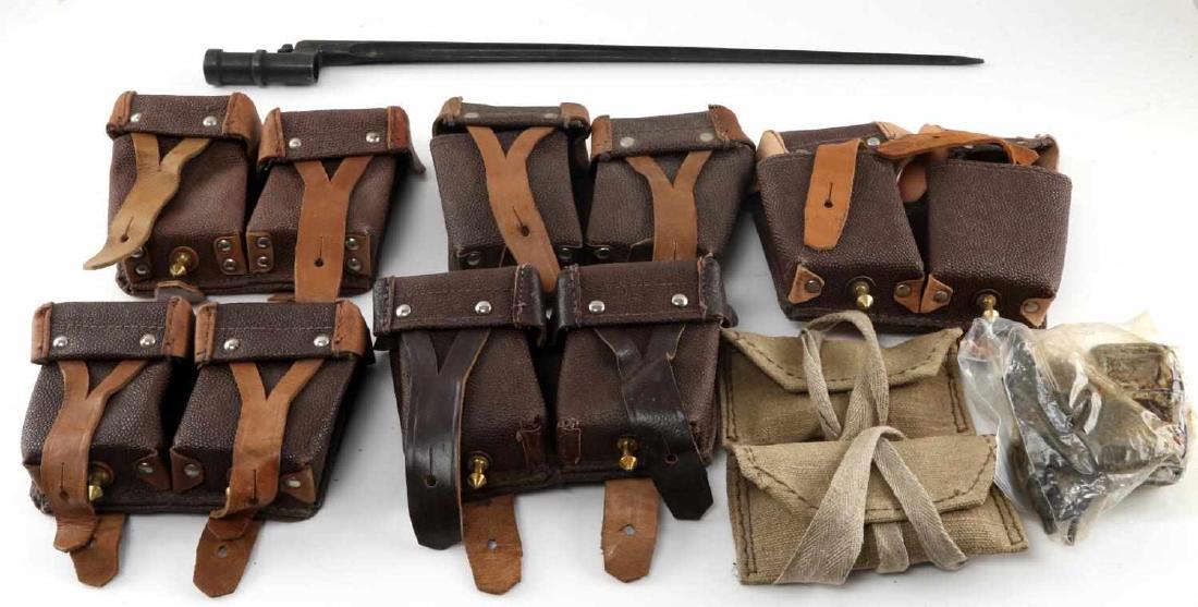 WWII RUSSIAN MOSIN NAGANT BAYONET & AMMO POUCH LOT: This lot includes 1 M1891/30 Mosin-Nagant bayonet and a variety of Mosin-Nagant ammo pouches and gun oil cleaning kit. 11 pouches in total. Bayonet has serial marking "1590" on side of ricasso. Very g