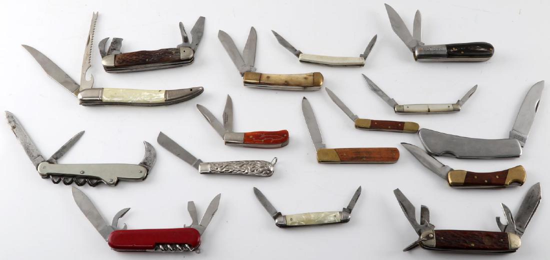 EX DEALER POCKET KNIFE LOT AMERICAN GERMAN ETC: Lot of 17 pocket knives of various makes, styles, and ages. Includes Schrade, Frost, Wenger Delemont, and many more. Most are in good or very good condition.
