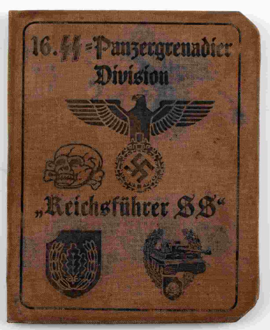 WWII GERMAN SS PANZER GRENADIER DIVISION AUSWEIS: German 16th SS Panzergrenadier Division ausweis (ID card.) Features photograph of SS soldier and is signed and NSDAP stamped on interior. Good condition overall. Some minor foxing present. Unauthentic