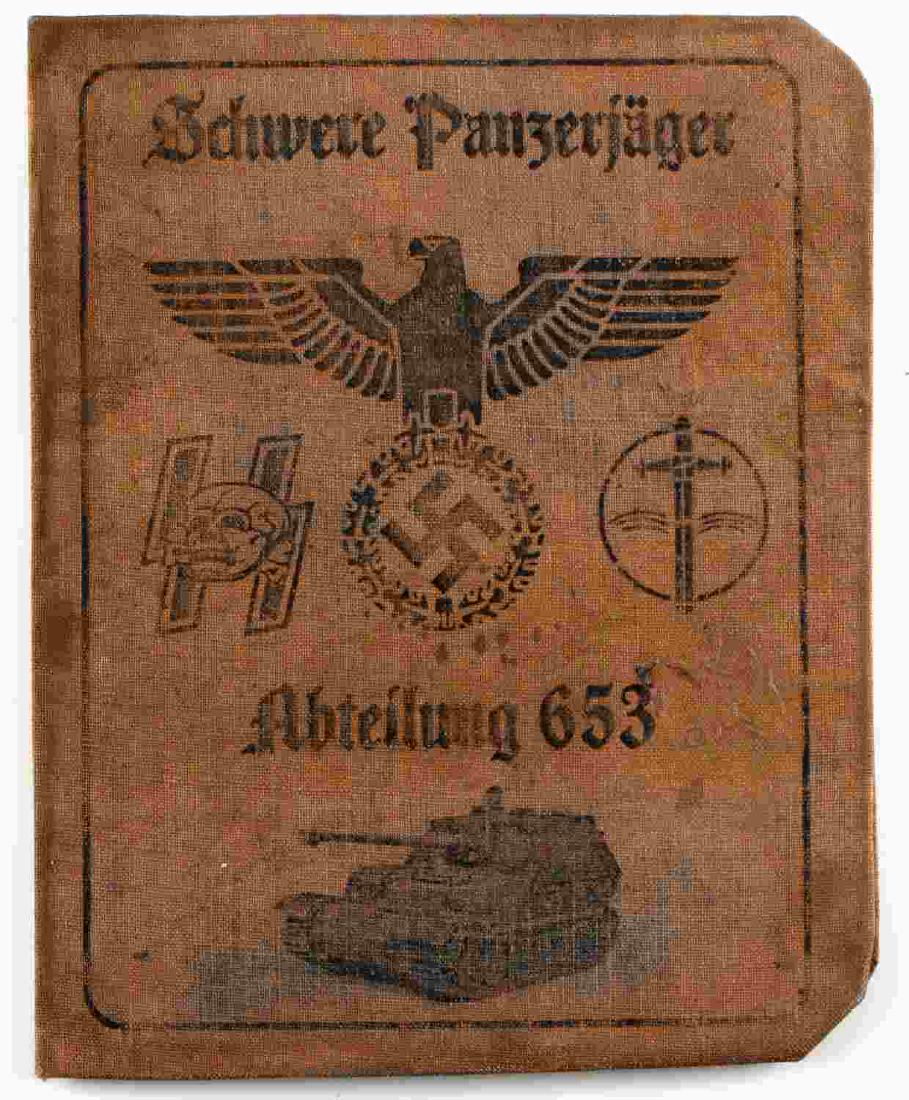 WWII GERMAN SS PANZER BATTALION AUSWEIS ID CARD: German SS Schwere Panzerjager Abteilung 653 heavy tank hunter battalion ausweis. Includes photograph of soldier on interior with NSDAP stamps and signature. Good condition overall. Some foxing and sta