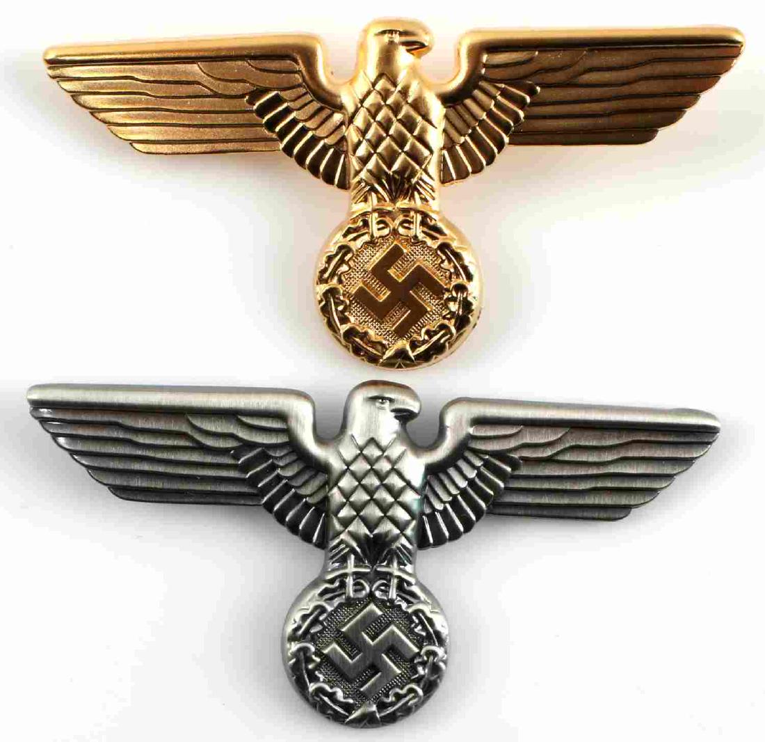 THIRD REICH GERMAN VISOR CAP EAGLE LOT OF 2: One silver, one gold, RZM M1/52. Very good condition. Reproduction.