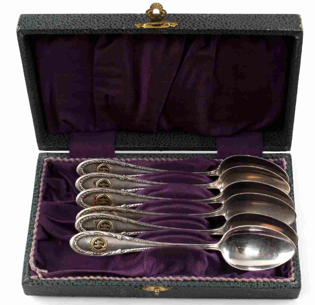 WWII GERMAN WAFFEN SS OFFICER TEA SPOONS LOT: German SS tea spoons from a Waffen SS officer's canteen. Comes in box. 6 spoons in total. Double S sig runes present on bottom of spoons. Each marked "R.K. 60" at bottoms. Very good condition overall.