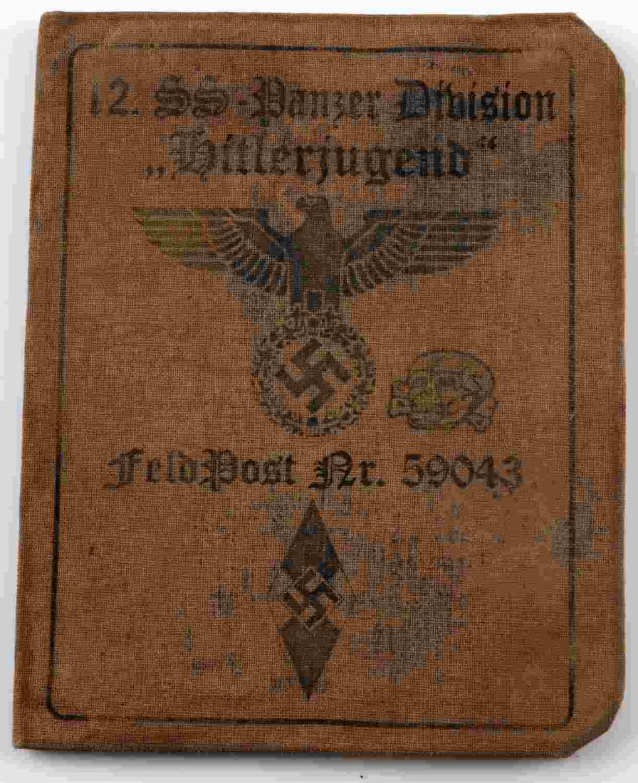 WWII GERMAN 3RD REICH SS HITLERJUGEND DIV AUSWEIS: Ausweis of a soldier of the 12th SS Panzer Division "Hitlerjugend", FeldPost Nr 59043. In very good condition. Unauthenticated/Sold 'as is' This lot has a reserve.