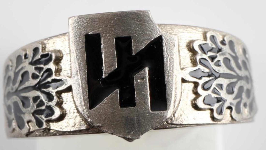 WWII GERMAN THIRD REICH SS DIVISION DAS REICH RING: Silver ring with the Wolfsangel emblem of the "Das Reich" division. Has signature of Himmler engraved inside of the ring. Has silver and maker markings. Unauthenticated/Sold 'as is' This lot has a res