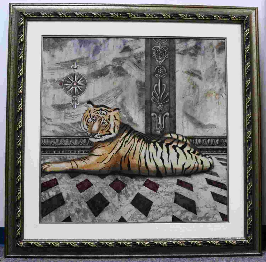 SUSAN HARTENHOFF PAINTING TIGER LUXURIOUS INTERIOR: Painting (acrylic on paper) by Susan Hartenhoff for Phoenix Art Group. Image of tiger lounging in a luxurious interior. Muted and neutral color palette with pops of orange and red. Mounted in gilded f