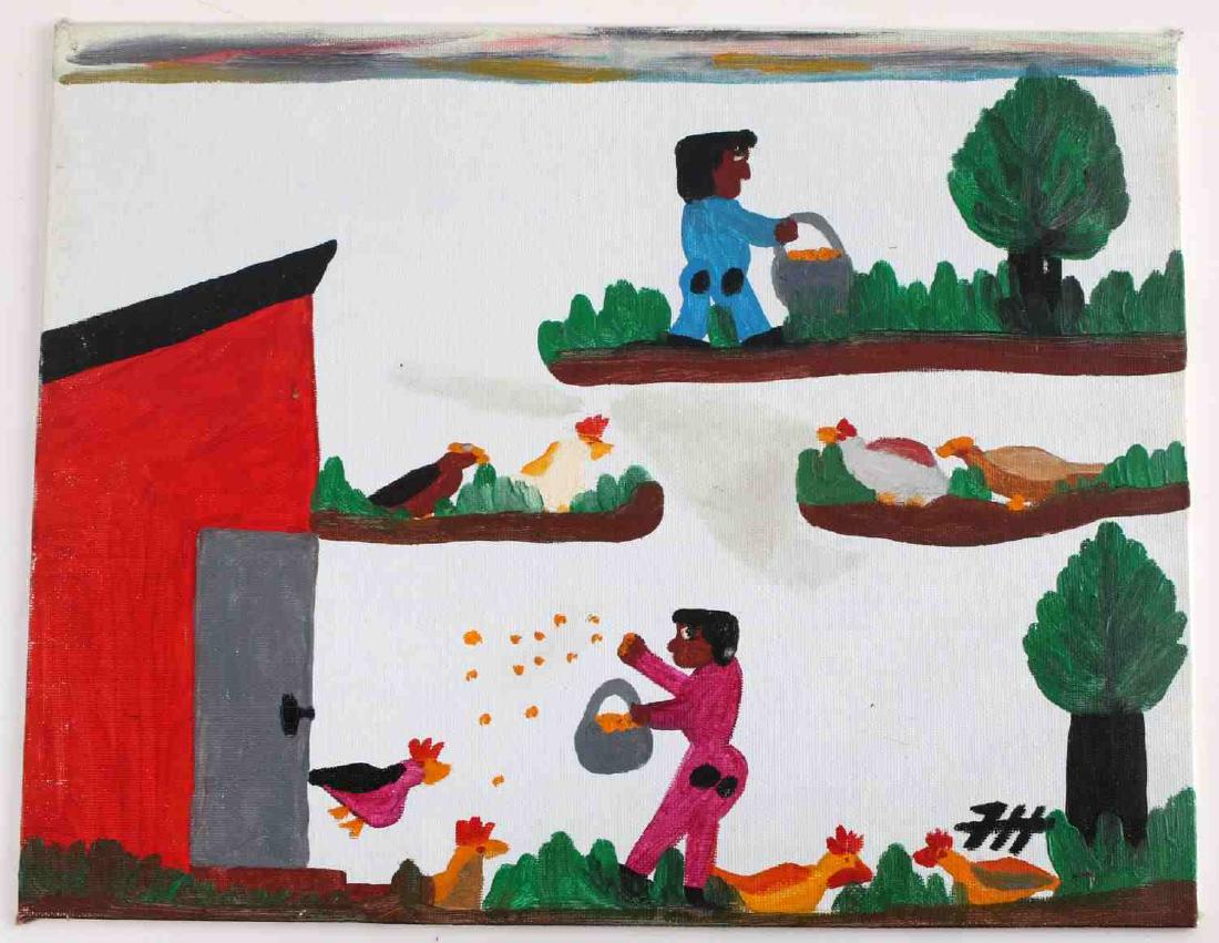 FRANK HUNTER FOLK ART PAINTING FEEDING CHICKENS: Oil on board. Image of figures feeding chickens. Signed bottom right with monogram. Frank Hunter is the grandson of Clementine Hunter, a self-taught folk artist, who helped and encourage her grandson'