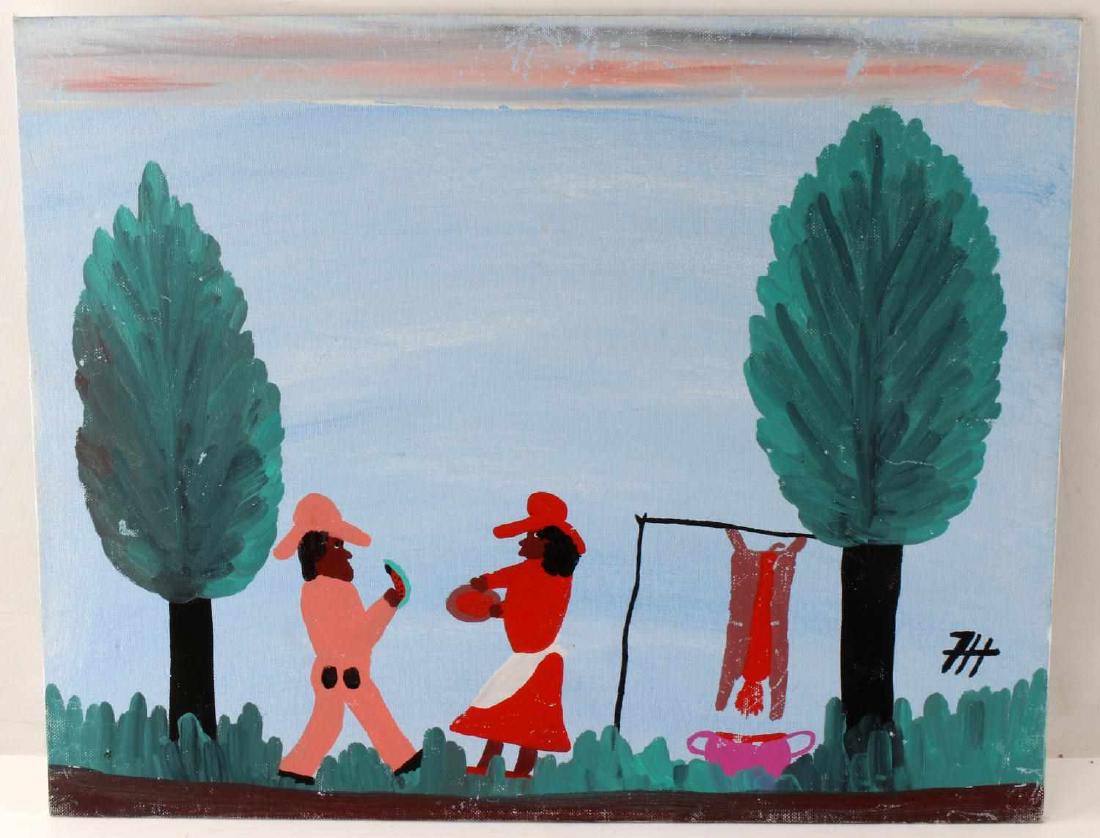 FRANK HUNTER FOLK ART PAINTING OF SLAUGHTER ANIMAL: Oil on board. Image of woman collecting blood from slaughtered animal and speaking to a man holding a watermelon slice. Signed bottom right with monogram. Frank Hunter is the grandson of Clementine Hu