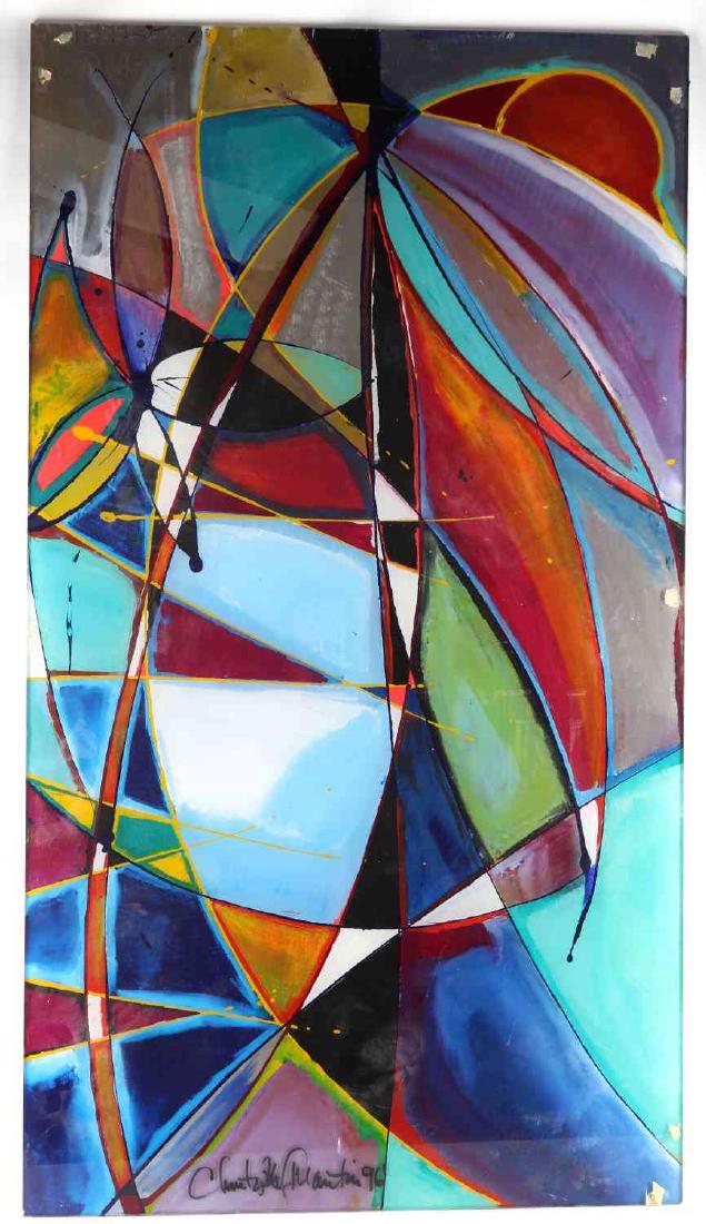 CHRISTOPHER MARTIN REVERSE ACRYLIC ABSTRACT: Reverse painting on acrylic. Abstract piece with vivid colors. Very well done. Signed "Christopher Martin 96" at bottom. Measures 27 inches by 48 inches. In very good condition.