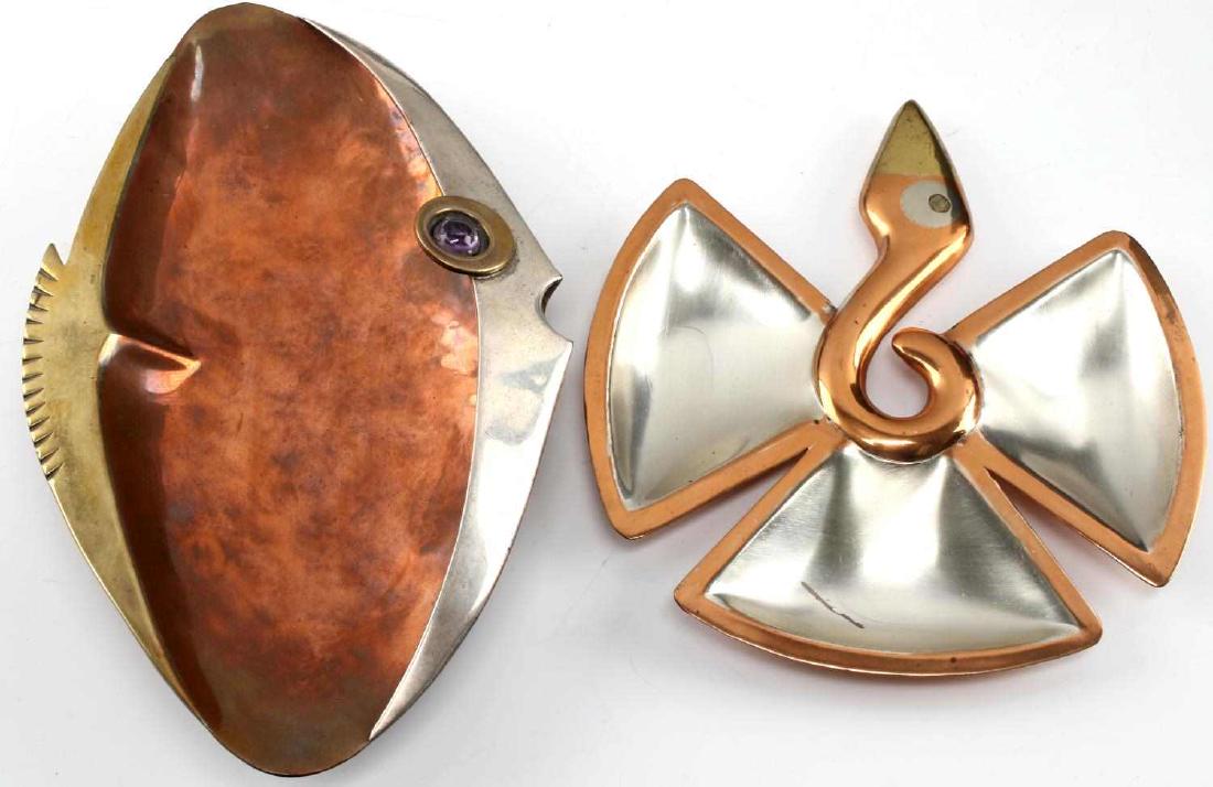 LOT OF TWO LOS CASTILLO SILVER COPPER BRASS DISHES: Fish tray composed of hammered copper base, brass fin, silver face and amethyst eye. Sits on three round feet. Marked "Los Castillos" "Hecho en Mexico" and "Handwrought" on bottom. Measures 10 inches 