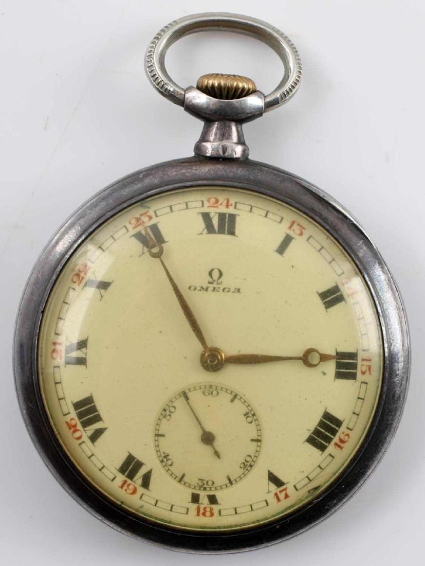 ANTIQUE .900 SILVER OMEGA POCKET WATCH: Strong self starting movement 38mm face, movement S/N 6087647, .900 silver swiss case.