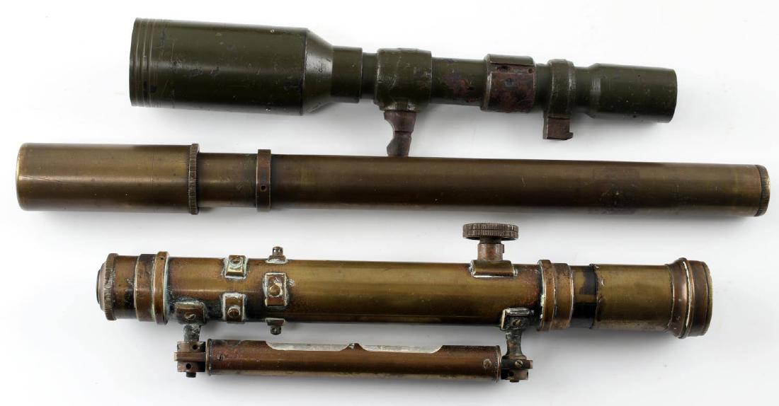 LOT OF 3 WWI & WWII ARTILLERY & INFANTRY SCOPES: Lot of 3 WWI & WWII Artillery & Infantry scopes including: Telescope M86F Serial No.26209 for M18 recoilless Anti-Tank gun with sights, Telescopic Brass WWI LMG Gun Sight, Long Nautical Right & Left m