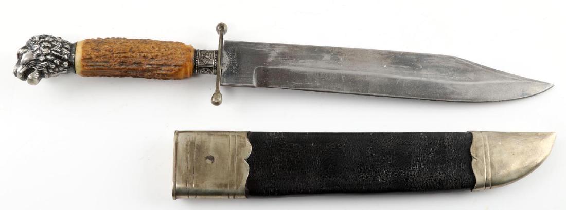 BROOKES & CROOKES SHEFFIELD BOWIE KNIFE: Nice, superbly crafted 19th century Brookes & Crookes Sheffield bowie knife. Features stag handle, engraved silver embellishments, and a lion's head pommel. Marked "F crown R Brookes & Crookes Sheffie