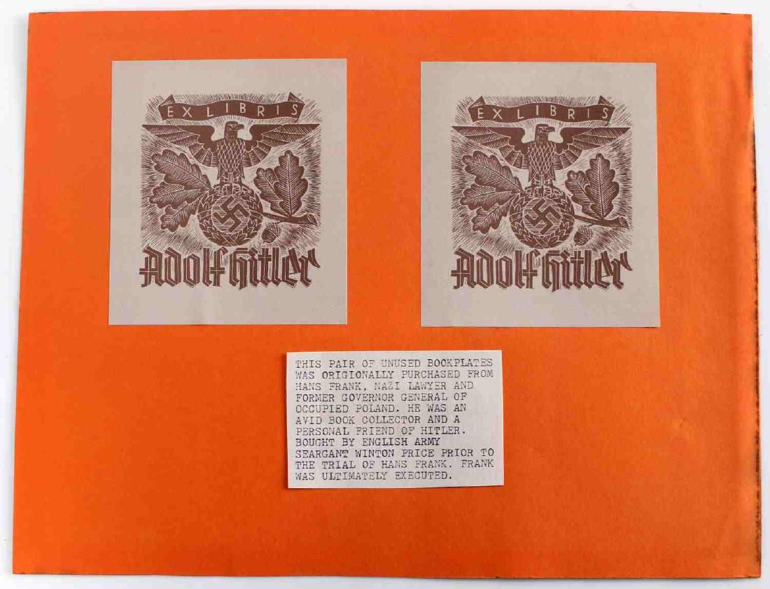 THIRD REICH GERMAN PAIR UNUSED HITLER BOOKPLATES: Two unused bookplates purchased by Sergeant Winton Price from Hans Frank. Bookplates show "EX LIBRIS" over Reichsadler and over "Adolf Hitler" Bookplates measure approximately 3.5 inches by 4 inches.