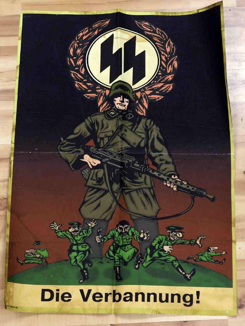WWII GERMAN THIRD REICH SS ANTI SEMITIC POSTER: German propaganda anti-semitic poster. Features SS soldier with MG-34 machine gun chasing away Soviet communists and Jewish bankers. Large double sig runes with oak leaves at top. Good condition overa
