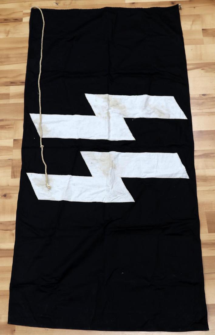 WWII GERMAN THIRD REICH SS LAGERFAHNE CAMP FLAG: German SS Lagerfahne. Sewn cloth construction with correct stitched double sided double S sig runes. Includes braided rope hoist. Banner measures 62" X 29" in total. Very good overall with some stains