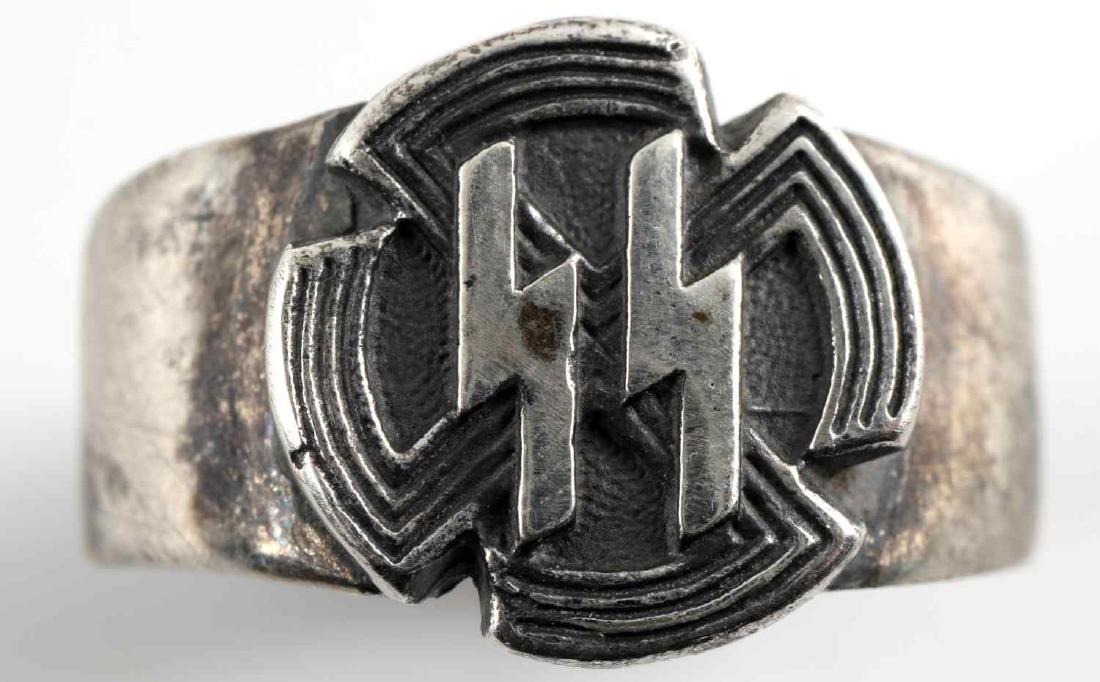 WWII GERMAN WAFFEN SS SPORTS PROFIENCY RING: German SS sports ring with SS proficiency badge design on front. Marked 800 silver at back of band. Good condition overall with some silver patina present. Size: 10.