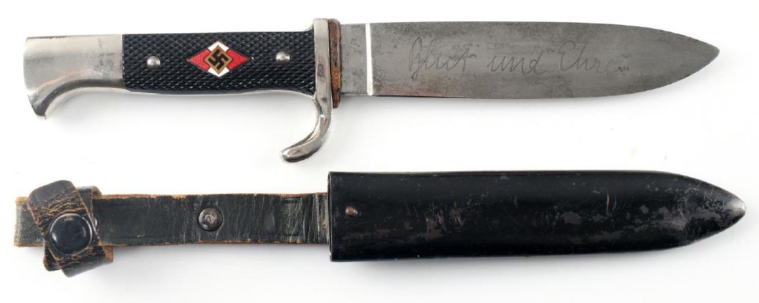 WWII GERMAN THIRD REICH HITLER YOUTH KNIFE WUSTHOF: Knife of a Hitler Youth member. Front of the blade has the "Blut und Ehre" motto engraved. Back of the blade has maker marking "Ed. Wüsthof Solingen Ges Gesch" around the trident maker mark. In very 