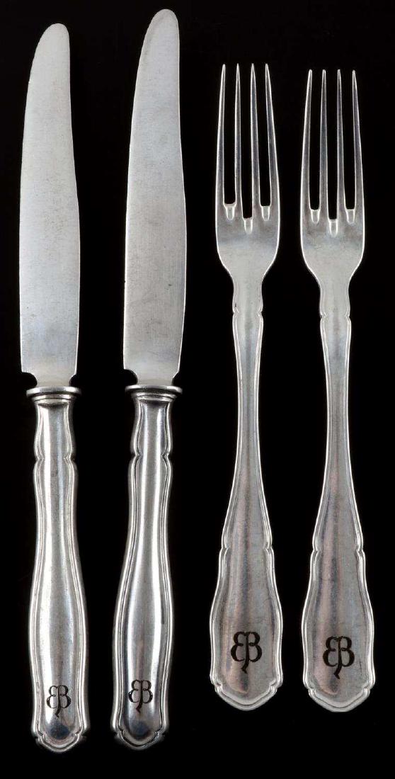 LOT OF 4 WWII GERMAN EVA BRAUN SILVER FORK & KNIFE: This lot includes 2 800 silver forks and 2 knives. Each bear the butterfly "EB" monogram of Eva Braun and are etched and darkened at their bottoms. Near excellent condition overall. Unauthenticated; s