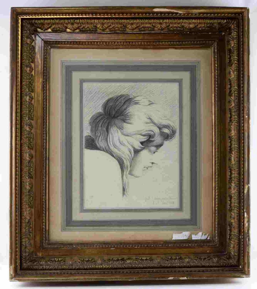 DRAWING STUDY OF RAPHAEL D URBINO FEMALE FIGURE: Drawing on paper of a profile of a female figure. After a painting by Raphael d'Urbino located in the Vatican. Titled and signed at the bottom right "Raffael d'Urbino pittura en Vaticano" and undernea