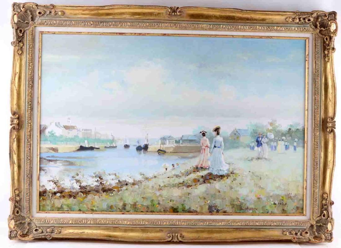 DU BOIS IMPRESSIONISTIC WATERSCAPE PAINTING: Painting has image of waterway and boats next to a section of land on which multiple figures in Edwardian clothing walk. This 20th century painting is finely executed in an impressionistic style using