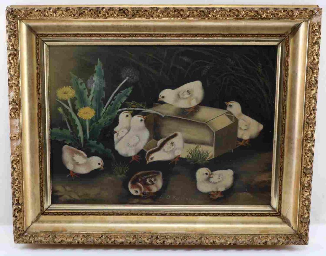 A. O. PETERSON OIL ON BOARD OF BABY CHICKS NATURE: Oil on board by unknown artist. Image of multiple baby chicks exploring their environment. Lovely study of natural elements and excellent use of color. Signed "A. O. Peterson" bottom middle. Mounted i