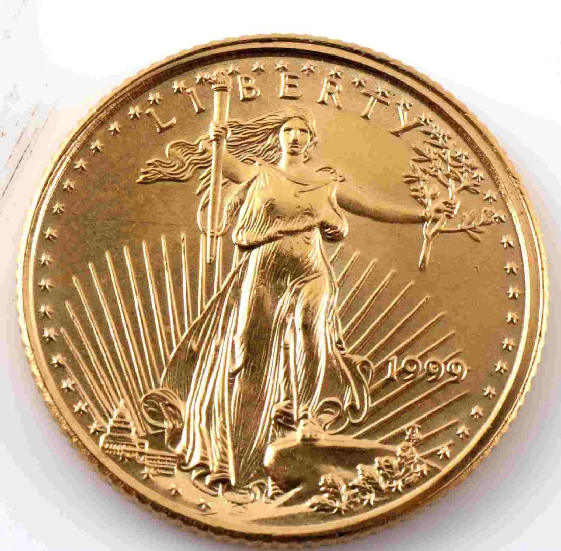 AMERICAN 1/10 OUNCE GOLD EAGLE 1999 DATE BU COND: 1/10th Ounce American Gold Eagle, dated 1999. Brilliant uncirculated.