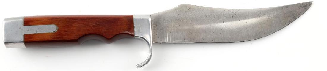 OLSEN OK H.C MI USA #708 SCIMITAR ROSEWOOD HANDLE: Vintage Olsen OK H.C MI Skinner Hunting fixed blade knife with finger guard & thumb grip on blade spine, measures 9.5 inches long from tip of blade to end of pommel. In very good condition for its vin