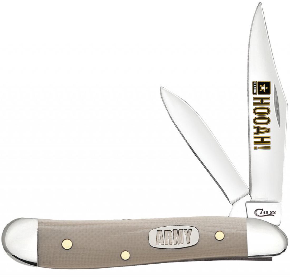 CASE US ARMY TAN G-10 PEANUT FOLDING POCKET KNIFE: CASE US ARMY TAN G-10 PEANUT FOLDING POCKET KNIFE. Brand new in box Case XX manufactured knife, Official Licensed product of the US army. This lot has a reserve.