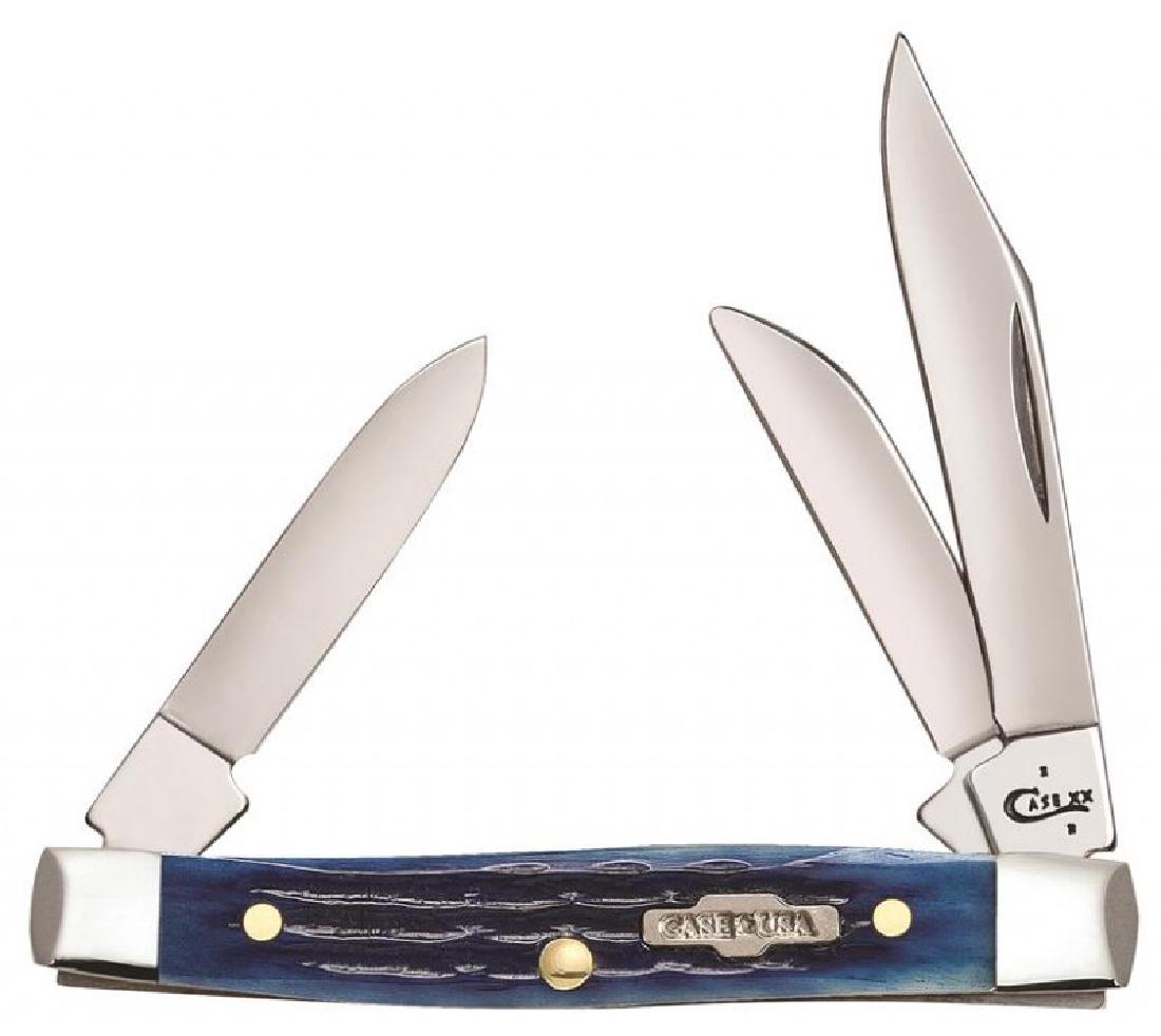 CASE BLUE BONE CORN COBB JIG SMALL STOCKMAN KNIFE: CASE BLUE BONE CORN COBB JIG SMALL STOCKMAN KNIFE no.02865. Item is an authenticated and licensed product of Case XX manufacturing. This lot has a reserve.