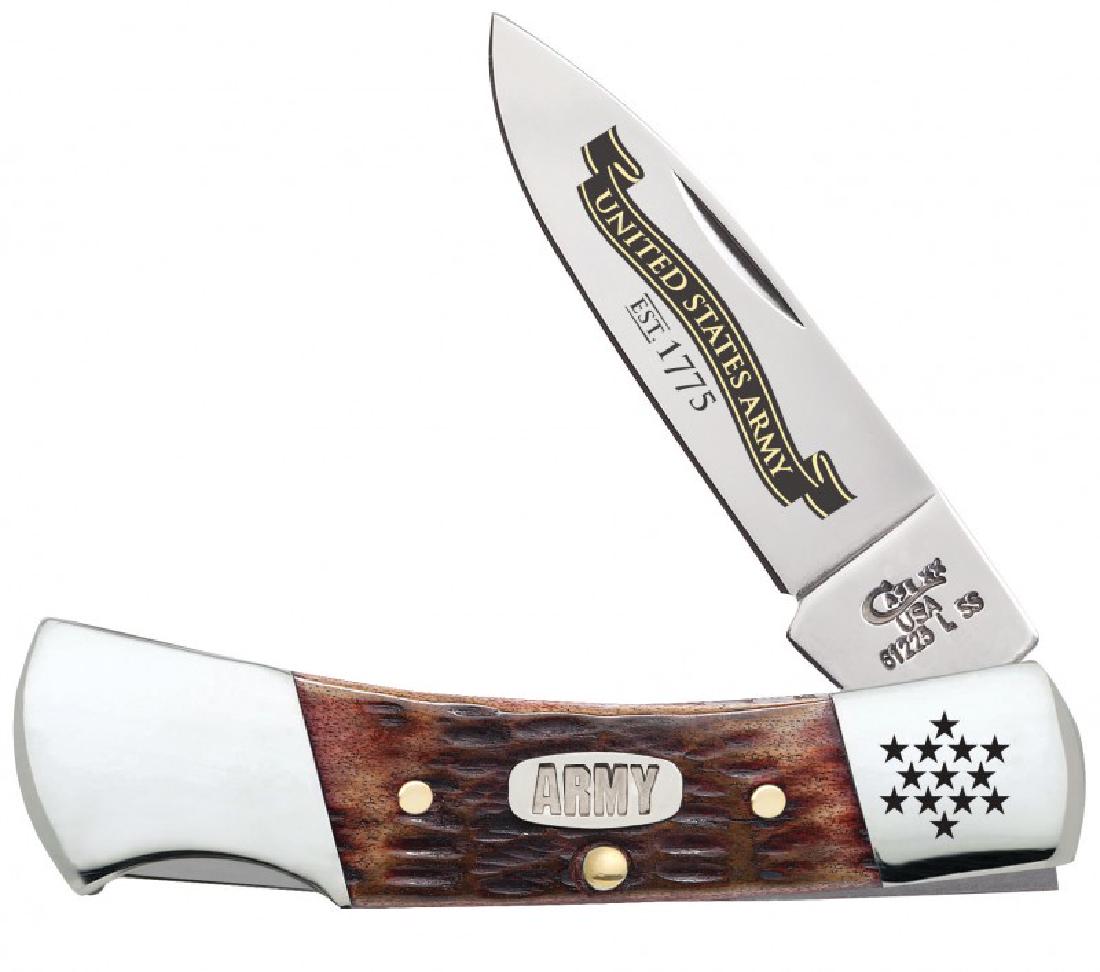 CASE XX US ARMY BURNT WALNUT BONE LOCKBACK KNIFE: Case XX US Army Burnt Walnut Bone Lockback Knife with US Army emblem and blade etching. No.15028 Brand New in box. This lot has a reserve.
