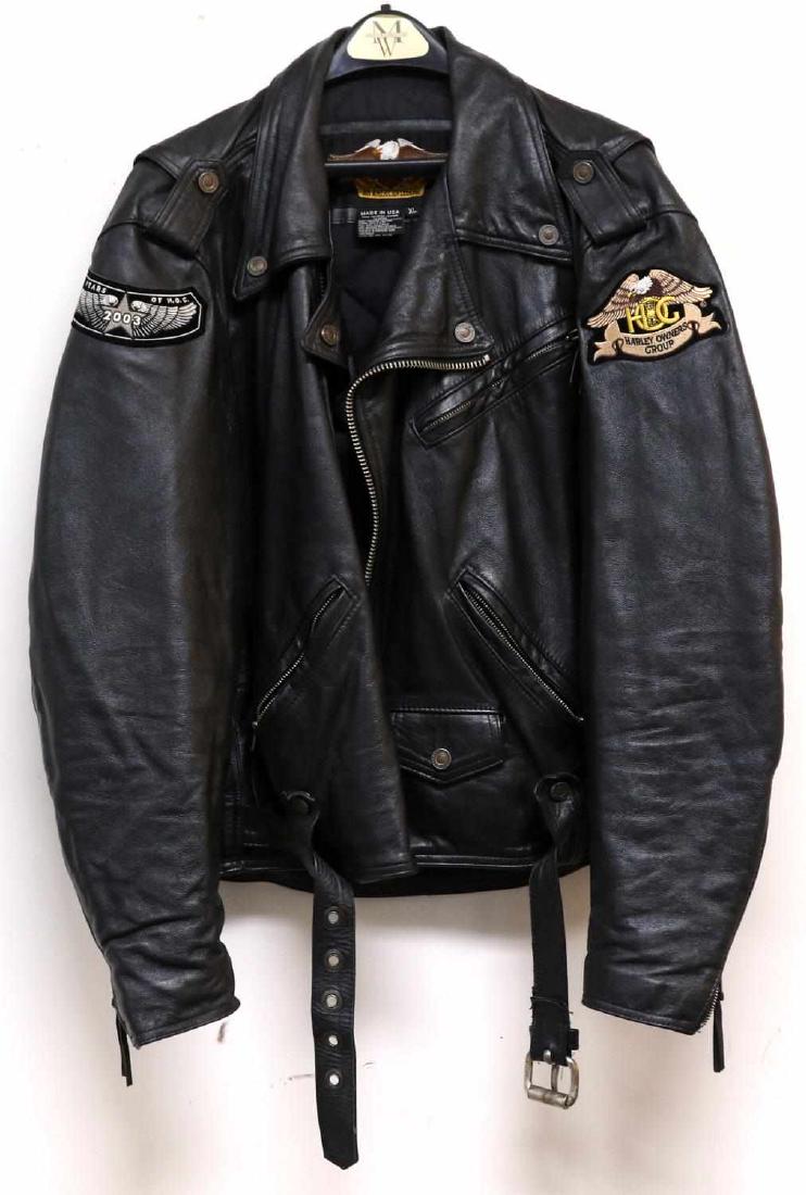 LEATHER XL MENS HARLEY DAVIDSON JACKET: Full leather Made in USA Harley Davidson jacket. Jacket has Harley Davidson logo snaps and 2 patches on shoulders. Very good condition. Size XL.