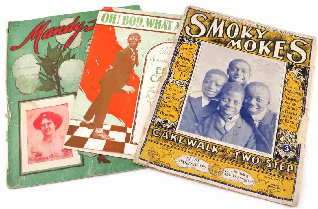 ANTIQUE SHEET MUSIC WHAT A GIRL SMOKY MOKES MANDY: Three pieces of sheet music: Mandy Lane by Wm. McKenna, Smoky Mokes by A. Holzmann, and Oh! Boy, What a Girl by Eddie Cantor. Fair to good condition.
