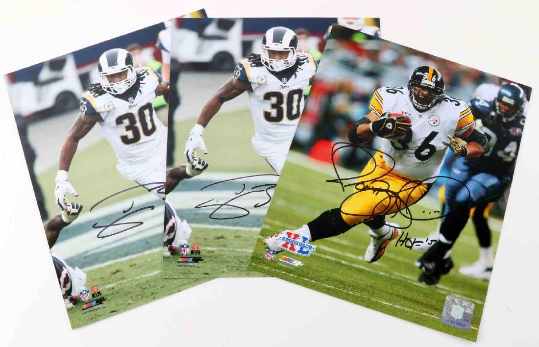 3 NFL AUTOGRAPHED PHOTOS STEELERS & RAMS PLAYERS: Lot of three (3) autographed 8x10 photos include: one (1) of Jerome "The Bus" Bettis (Pittsburgh Steelers Hall of Fame running back) and two (2) of Todd Gurley II (L.A. Rams running back). Photos have