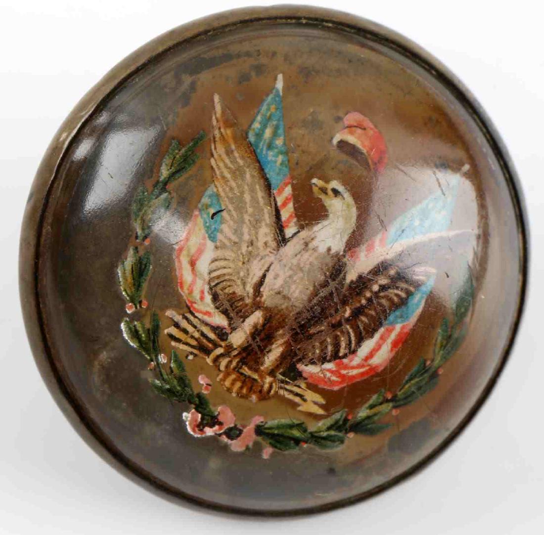 CIVIL WAR FEDERAL EAGLE GLASS INTAGLIO ROSETTE: Glass with brass backing, hand painted reverse cap above federal Eagle, complete measures 50mm.