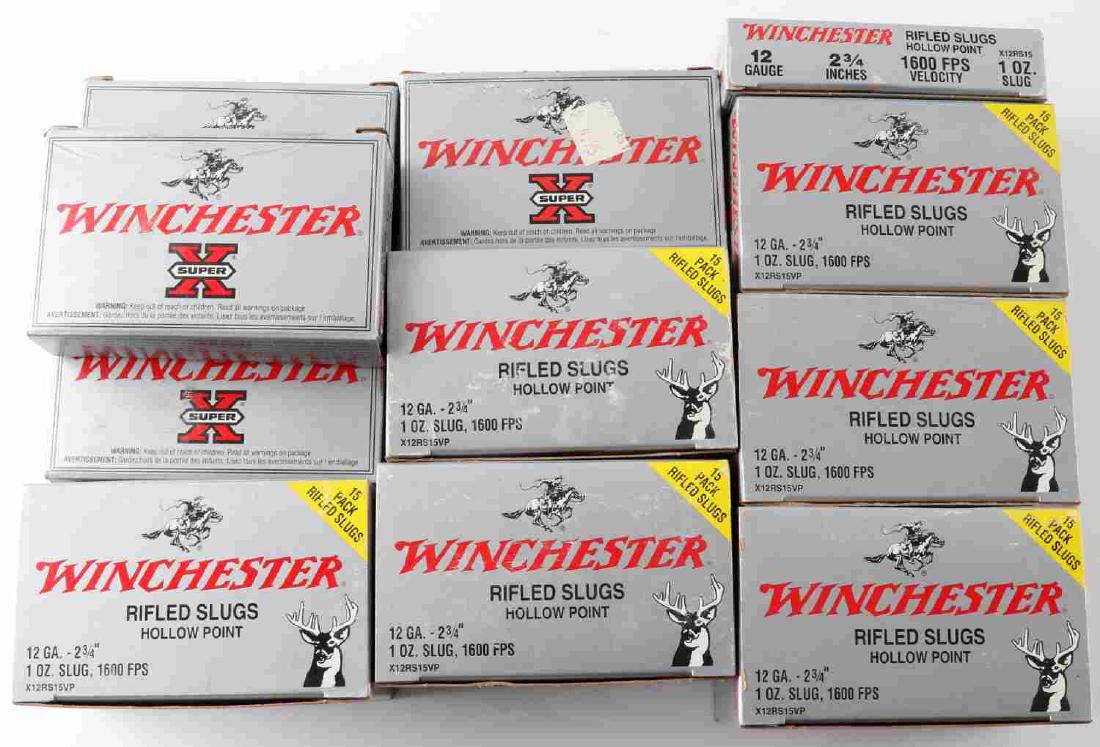 130 RDS WINCHESTER RIFLED SLUGS 12 GAUGE AMMO LOT: Winchester 12 gauge ammo, 2 3/4 inch shells, 1 oz. hollow point slugs. All in boxes. Very good condition.