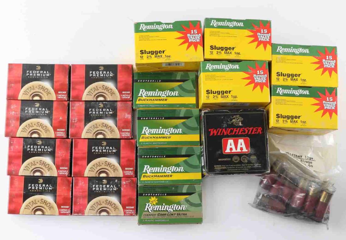 170 RDS OF 12 GA AMMO REMINGTON FED PREMIUM WIN: Remington 2 3/4 MAX 1 oz. slugs, Remington plastic 2 3/4 1900 velocity 385 grain shells, and Federal Premium 2 3/4 Buckshot 9 pellet 1325 FPS shells. All in boxes, good condition.