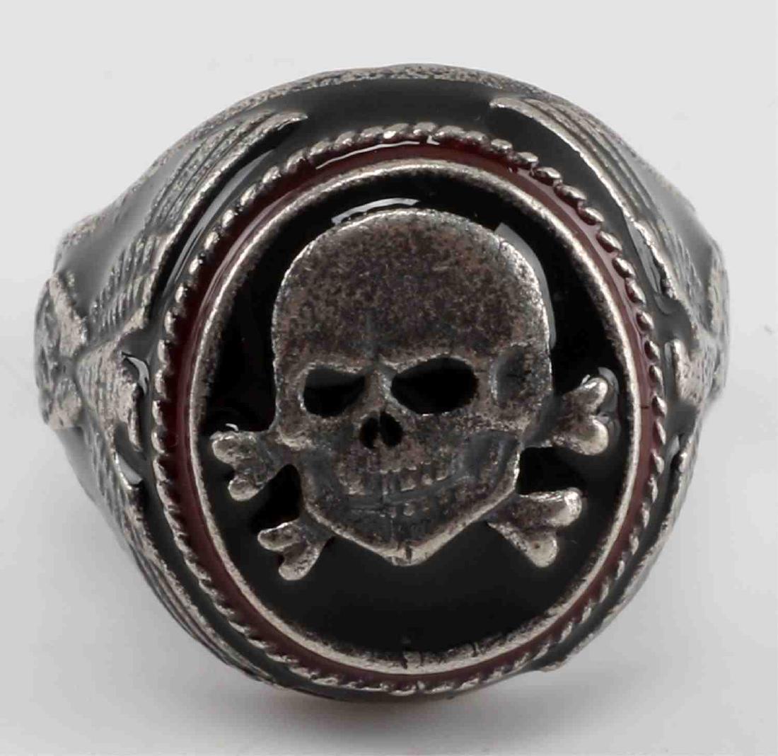GERMAN WWII WAFFEN SS PANZER TOTENKOPF SILVER RING: Size 10 1/2. Has silver and maker's markings. Very good condition. Unauthenticated. Sold "as is". This lot has a reserve.