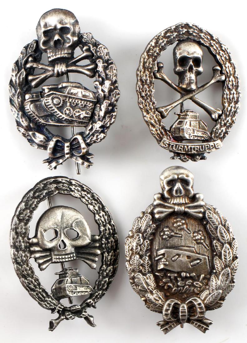 WWI IMPERIAL GERMAN PANZER TANKER BADGE LOT OF 4: This lot includes 4 WWI German Panzer badges. 2 badges are reverse RZM marked, and one is marked 800 silver. Thin vertical pin back construction. Very good condition overall. Unauthenticated; sold as 