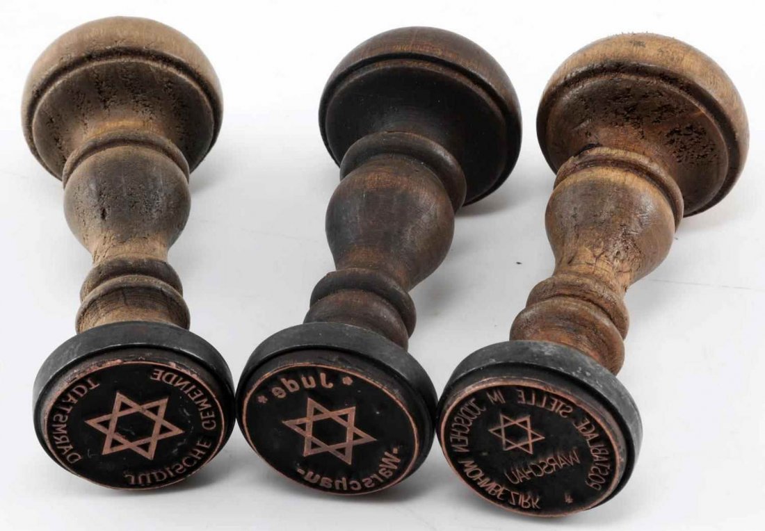 WWII GERMAN THIRD REICH HAND STAMP LOT OF 3: Lot contains 3 German wooden hand stamps. One is "Warsaw Jude", and other "Warsaw Jewish Mail", and the third "Jewish Darmstadt Ghetto". In very good condition overall. Unauthenticated/Sold 'as is' Th