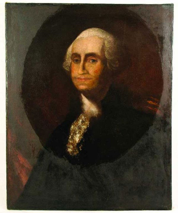 GEORGE WASHINGTON PORTRAIT GILBERT STEWART: George Washington Portrait. (presumably) Gilbert Stuart (1755-1828) / Oil on canvas, 1796 32 x 26" Signed G Stewart in lower right. Canvas cut and badly fire damaged with professional restoration to b