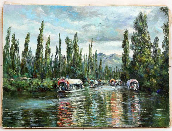 THERESE KNOWLES BACKUS HIGHWAYMEN OIL PAINTING: Therese Knowles, study and Backus Brat of Highwaymen mentor A.E. Backus, original oil on canvas countryside river scene, most likely European, no cracks or holes to the canvas, cir. 1950's, measuring