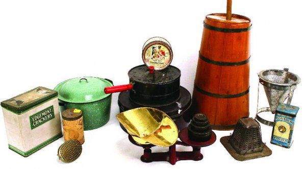 LOT ADVERTISING TINS SCALE BUTTER CHURN COOKWARE: Lot of Advertising Tins, Pine Butter Churn, Scale w/ Weights and Early Cookware, to include 40" steel ringed pine butter churn, green enamel covered cooking pot, 2 graters, a strainer, an EZ popcorn c