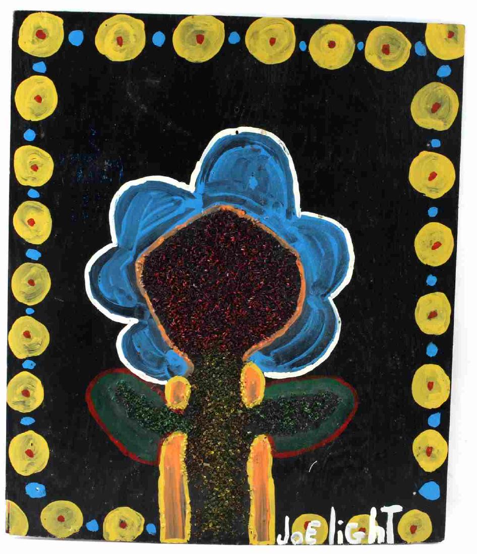 SIGNED JOE LIGHT FOLK ART OIL ON BOARD FLOWERS: Painting by American folk artist Joe Light, who began painting in the 60s, is known for his cruciform flowers, jagged and expressive landscapes and sober versions of pop art. Light's paintings are exh