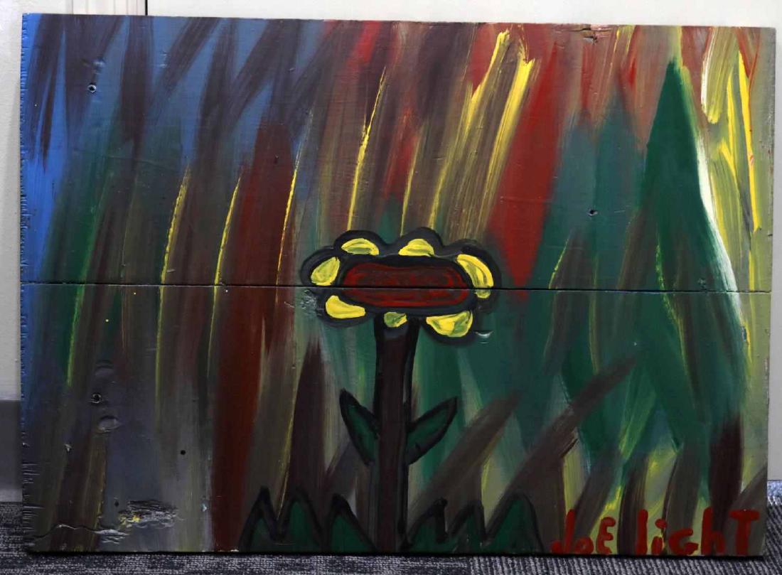SIGNED JOE LIGHT FOLK ART OIL ON BOARD FLOWERS: Painting by American folk artist Joe Light, who began painting in the 60s, is known for his cruciform flowers, jagged and expressive landscapes and sober versions of pop art. Light's paintings are exh