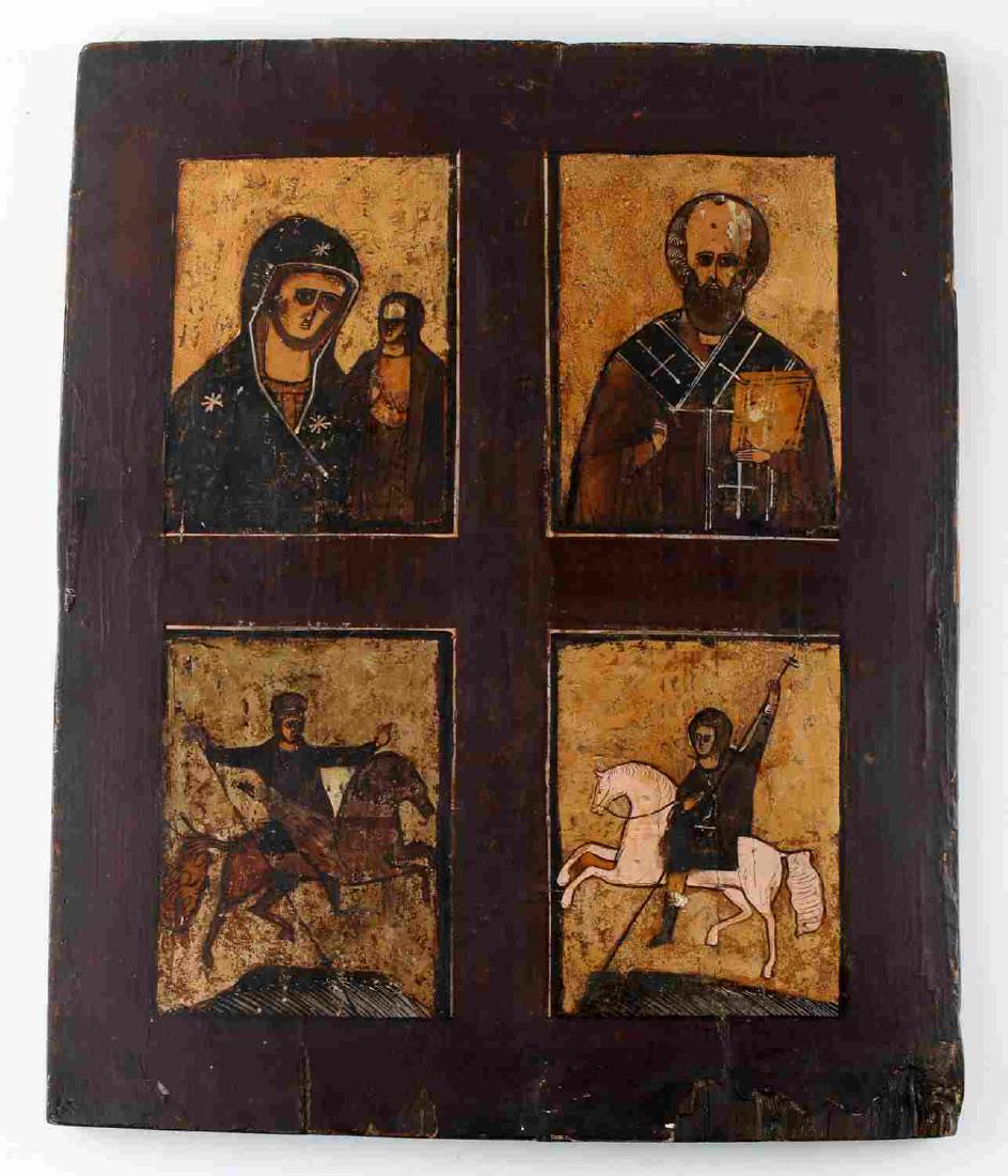 18TH - 19TH CENTURY ANTIQUE 4 PANEL RUSSIAN ICONS: Four painted panels on gilded backgrounds. Top left: Theotokos. Top right: St. Nicholas. Bottom left and right: unnamed equestrian saints. Some damage to edges and the head of St. Nicholas. Measures 1