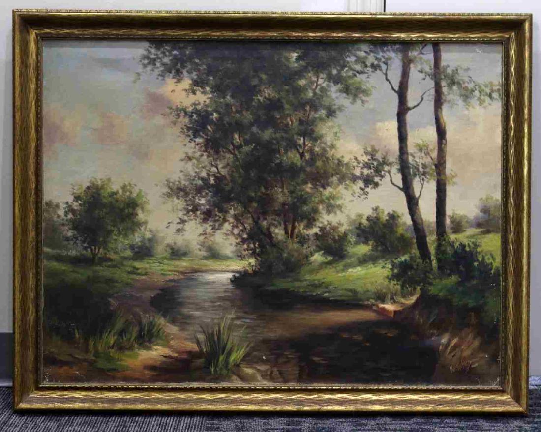 HUDSON RIVER SCHOOL SIGNED OIL ON CANVAS PAINTING: Oil on canvas painting of landscape. Shows creak in a wooded area. Signed "Kalkofen" at bottom right. Hudson River School style by an American tonalist. Mounted in a gold frame. In good condition with